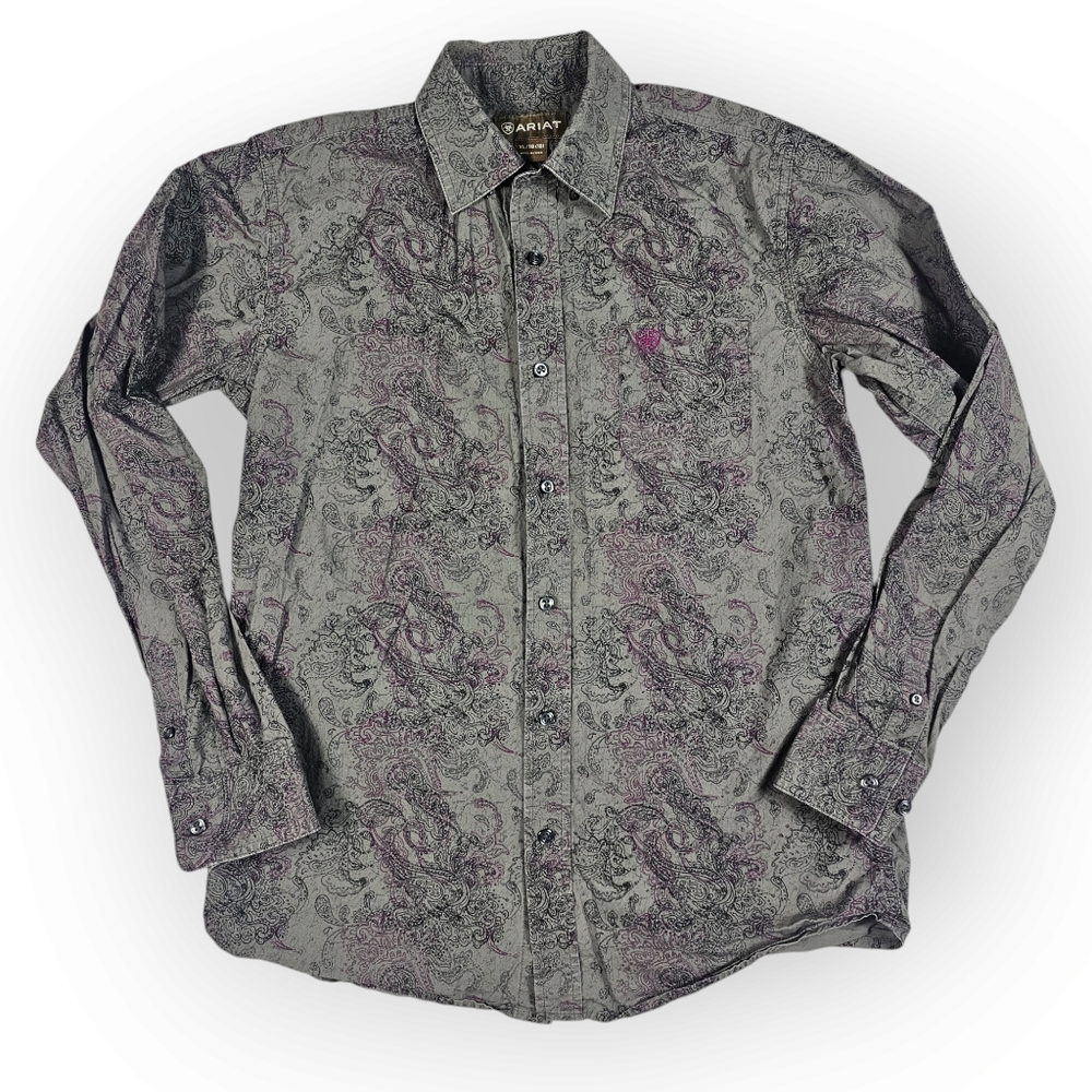 Ariat Grey Long Sleeve Button Up Shirt Boy's Size 18